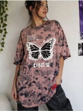 NEW CHNGE Tie-Dye Tee Shirt Dress w Butterfly Stamp Design 100% Organic Cotton